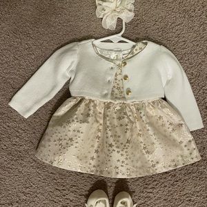 Baby girl Dress & cardigan 0-3, shoes NB & bow
